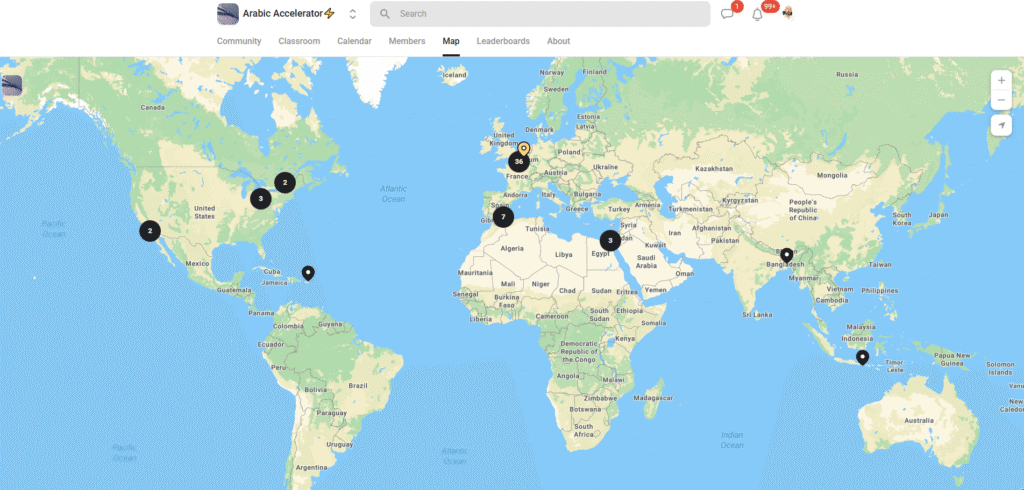 World map showing Arabic Accelerator students located across multiple countries