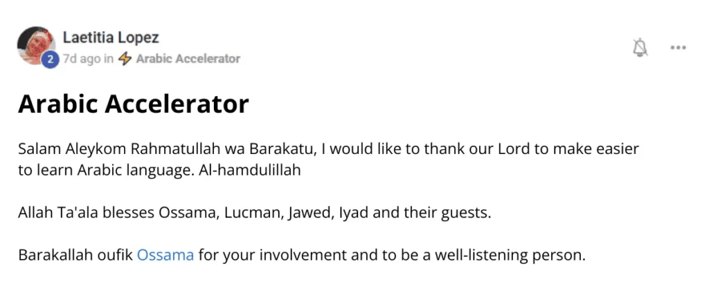 Student testimonial expressing gratitude for learning Arabic through the Arabic Accelerator program