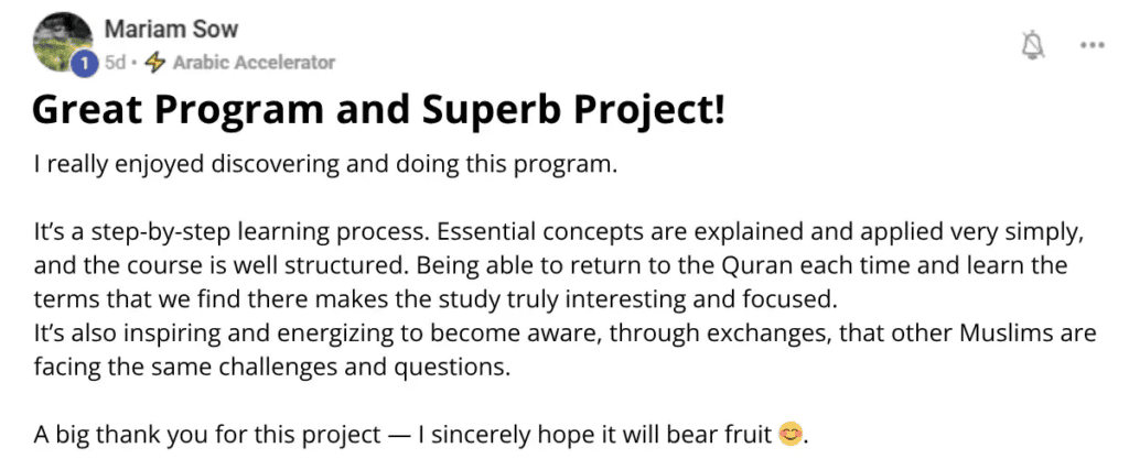 Student testimonial praising the structure and clarity of the Arabic Accelerator program