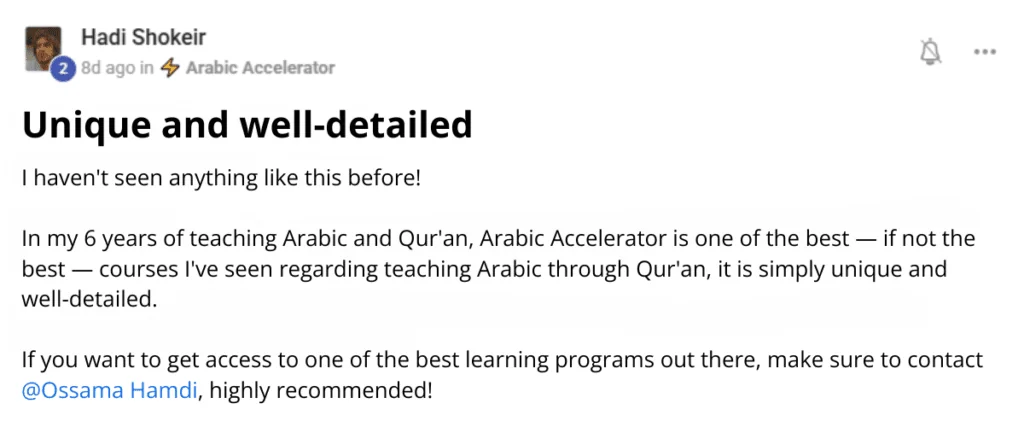 Teacher testimonial describing Arabic Accelerator as a unique and well detailed learning program