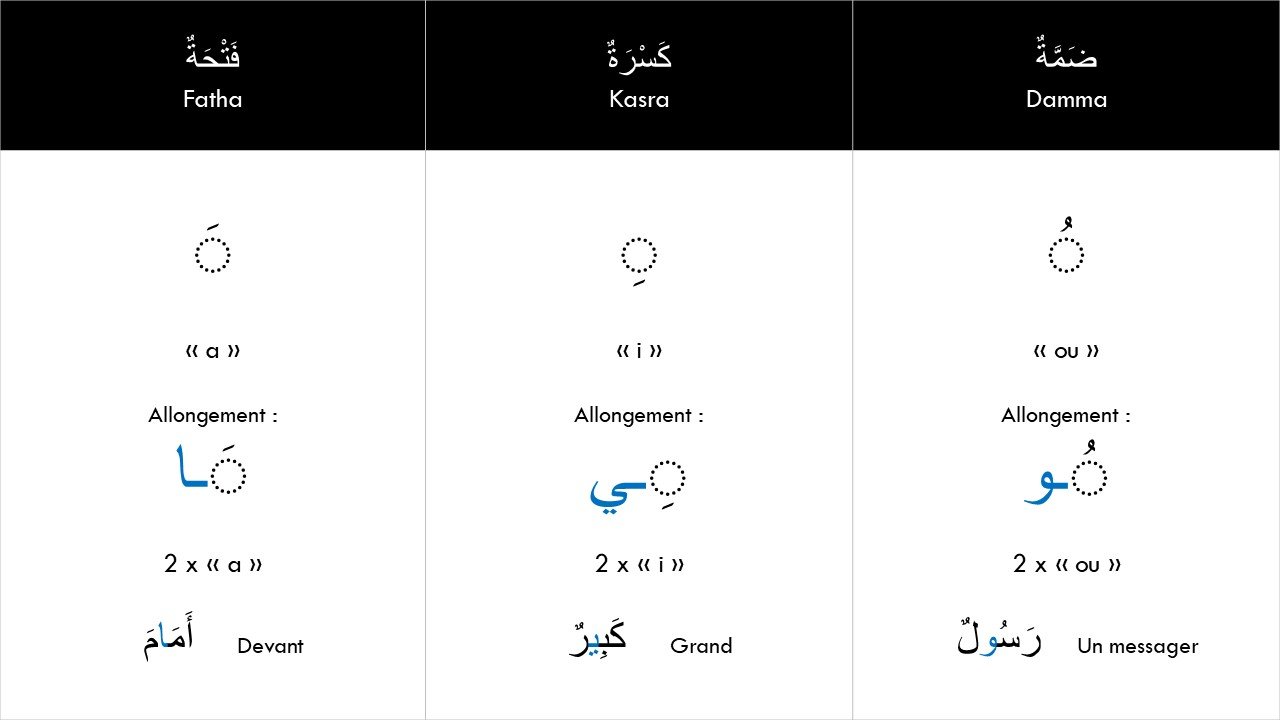 Tableau explicatif des voyelles arabes fatha, kasra et damma avec leur son, leur forme longue et des exemples de mots en arabe.