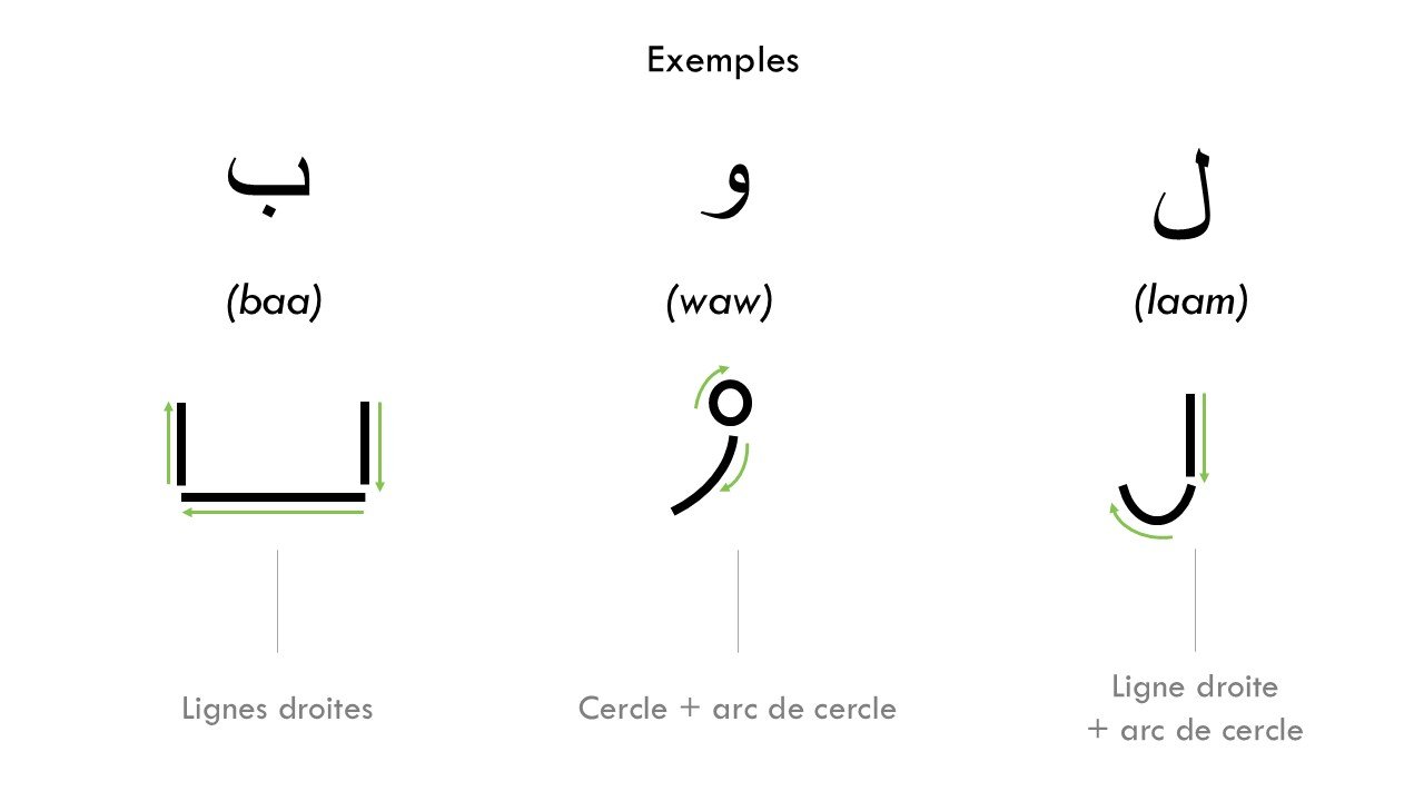 Exemples de lettres arabes construites à partir des formes de base : ب (baa), و (waw) et ل (laam).